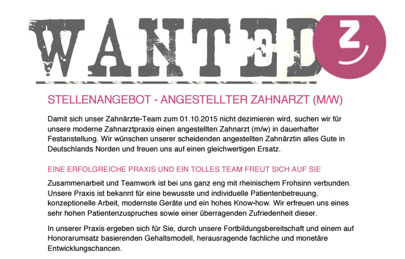 Zahnarzt Jobangebot - Zahnarztpraxis Bornheim-Merten