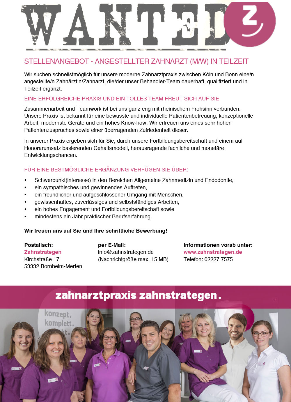 STELLENANGEBOT - ANGESTELLTER ZAHNARZT (M/W) IN TEILZEIT